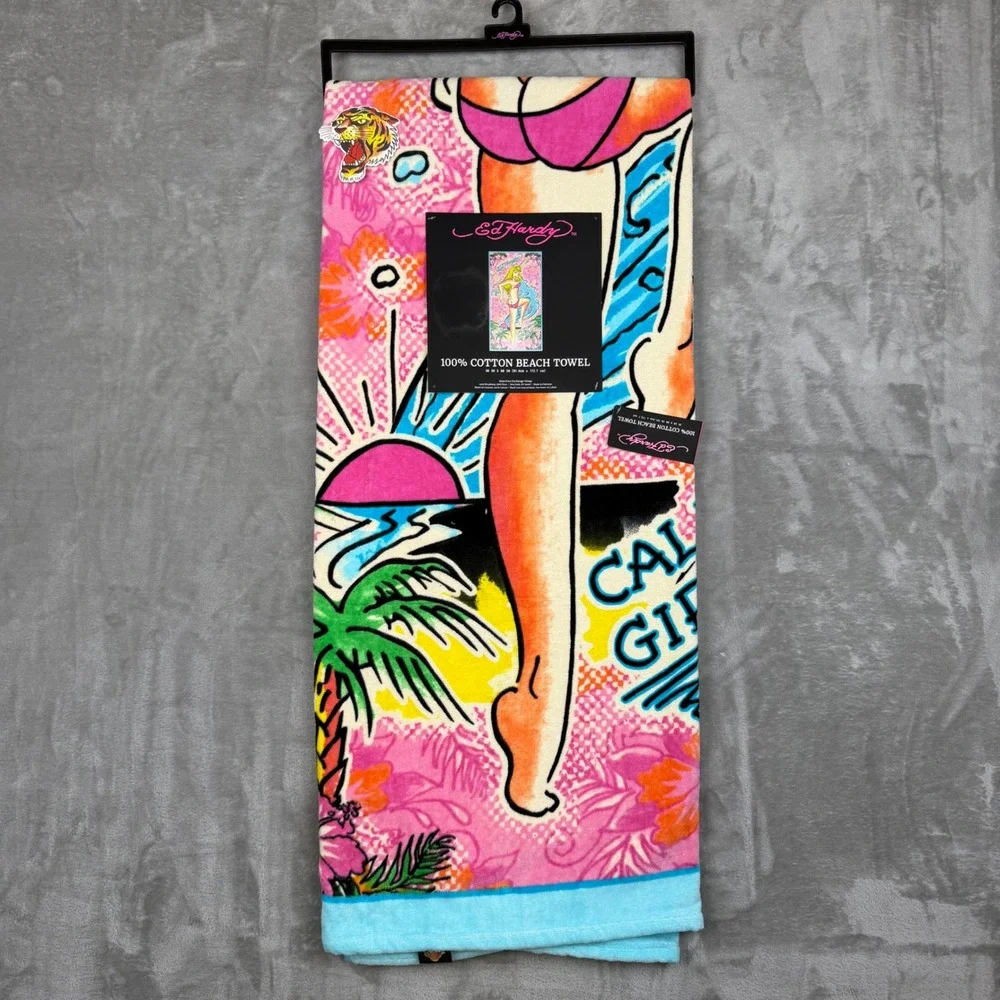 Ed Hardy California Girls Beach Towel 100% Cotton Pink Pinup Tattoo Art 36x68